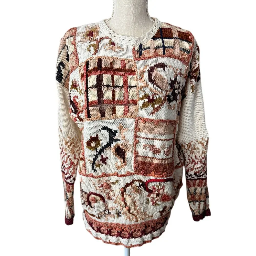 Vintage 90s Tiara International Sweater Womens Size L Multi Ramie Floral Chunky
